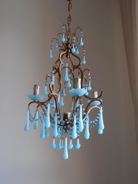 Italian Birdcage Chandelier with Murano opaline and Macaroni beads
