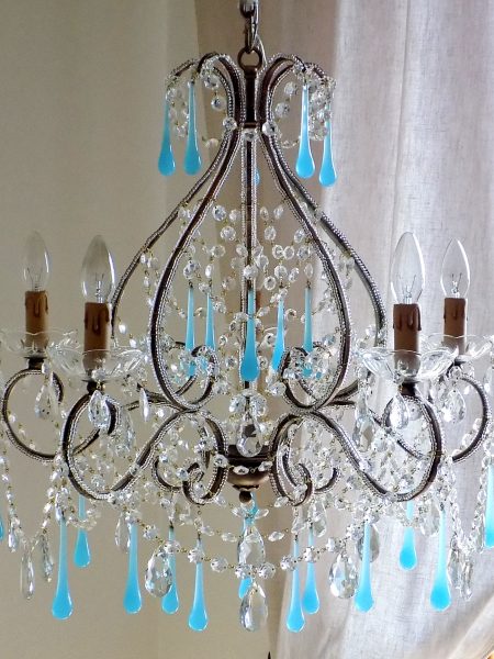 Florence wrought iron Murano blue opaline chandelier Macaroni beads