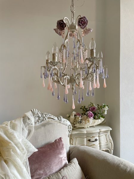 One-of-a-kind porcelain flowers and opaline drops chandelier