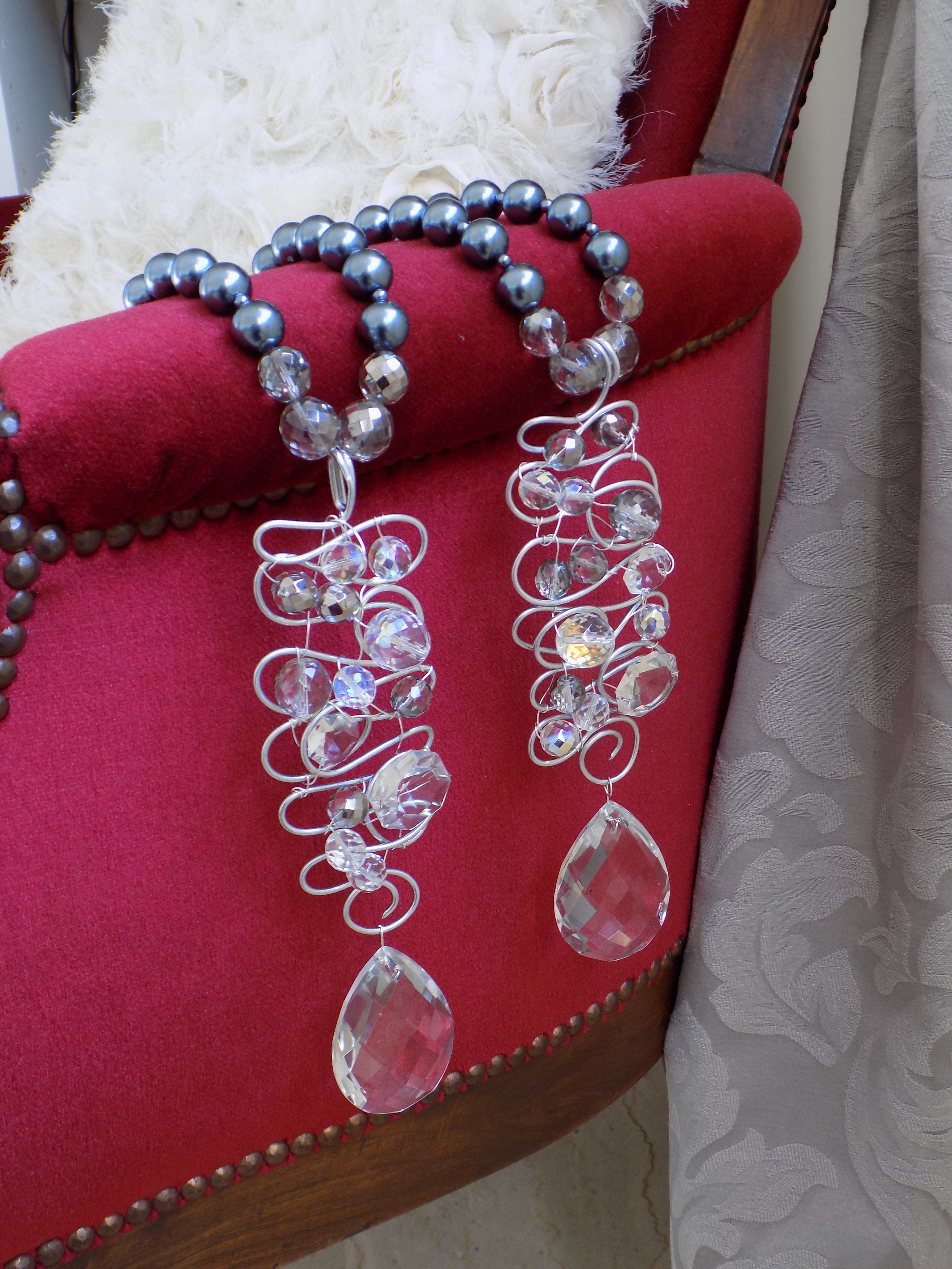 Pair of grey pearls tiebacks with decorative crystal pendants