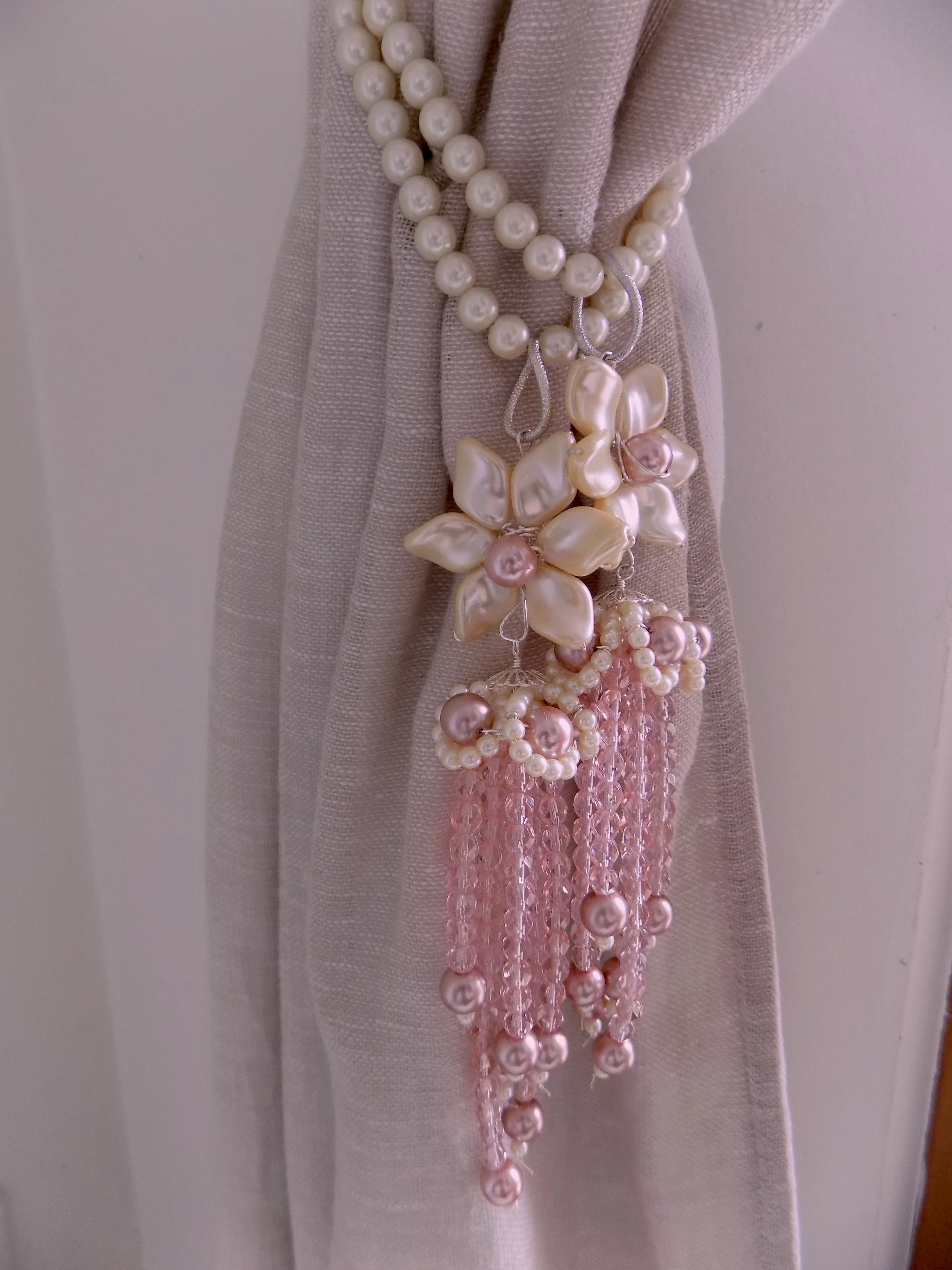 SET OF 2 Pink crystals tassel tiebacks with flowers