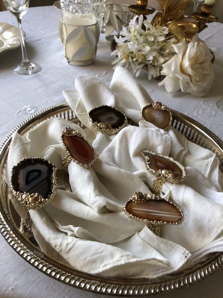 SET OF 6 napkin rings 24 kt goldfill agate Swarovski pearls