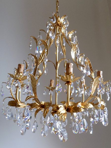 Gold leaf birdcage crystal chandelier, 6 arms