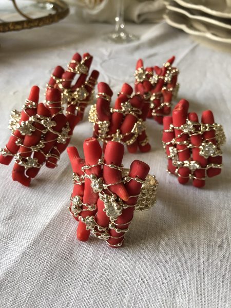 SET OF 6 coral rhinestones napkin rings 24 kt gold finish