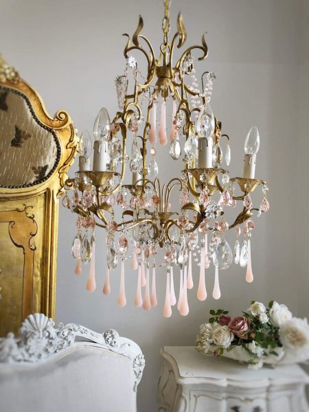 Italian vintage chandelier pink opaline drops