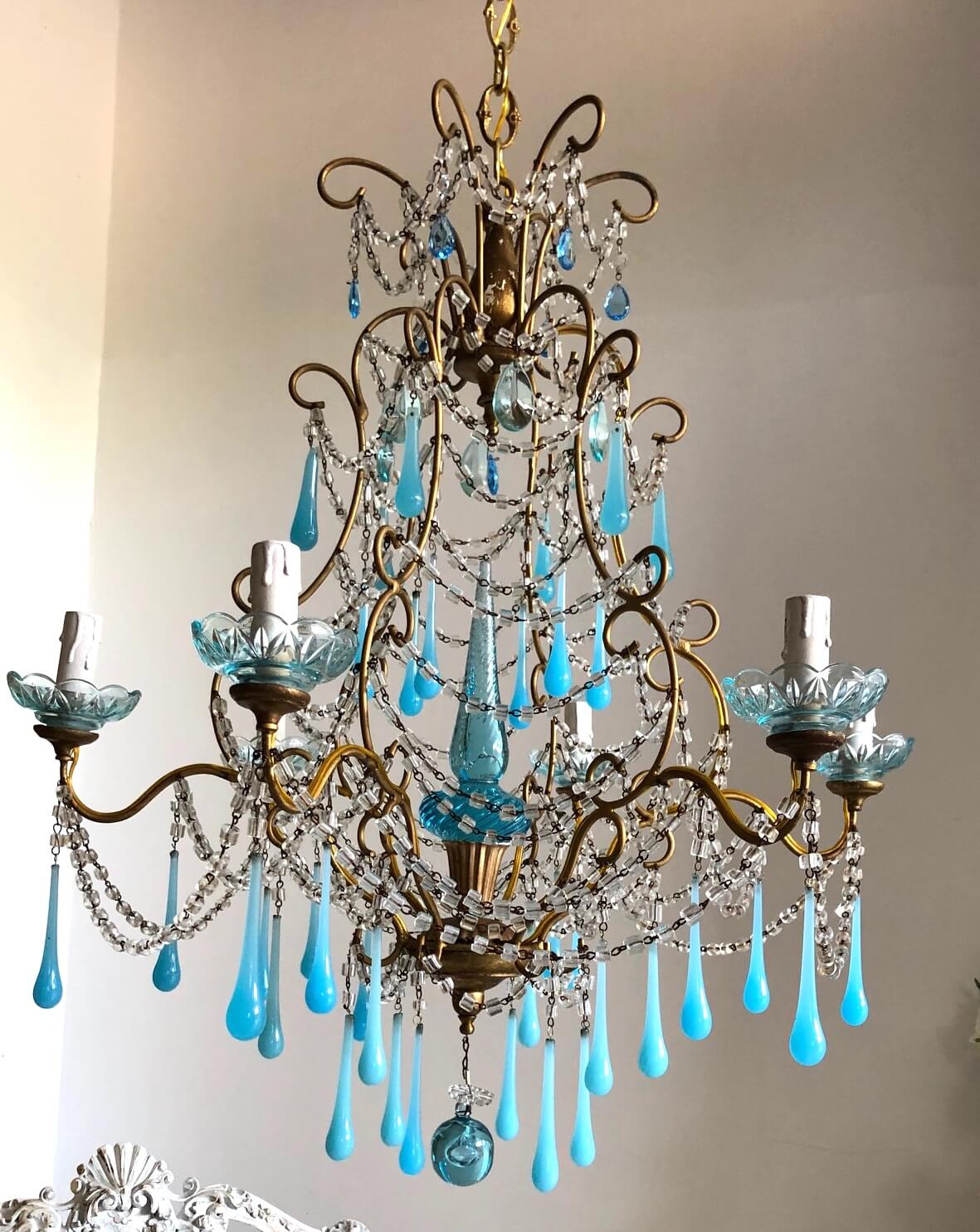 Rare Antique Turquoise Opaline Glass Murano Drops Gilt Chandelier