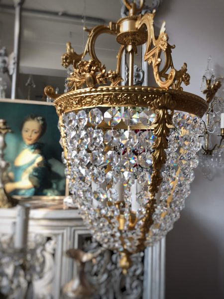 Rare antique empire style ornate chandelier 4 lights crystals and bronze trim