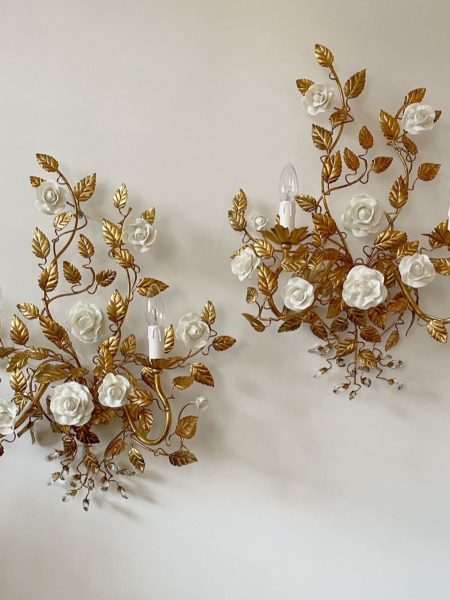 gold leaf wall lamps, wrought iron sconces with white porcelain roses