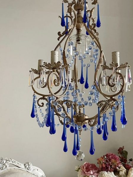 Reserved for M. Italian ornate brass chandelier with blue Murano glass drops
