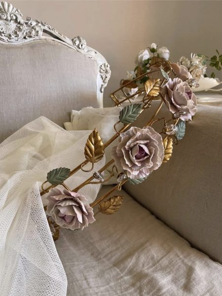 Gold bed canopy wrought iron and fine clear pink porcelain peonies and crystals