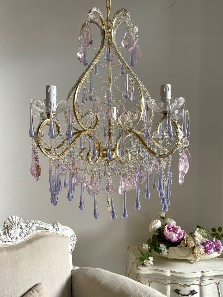 Italian champagne beaded crystal chandelier, 5 lights lilac Murano style baby pink drops