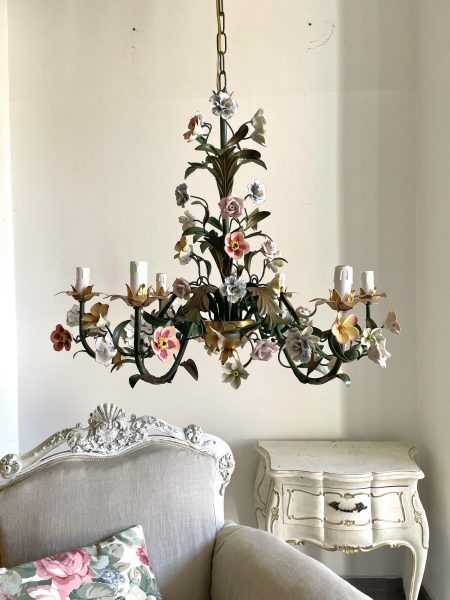 Antique chandelier replica, wrought iron and Capodimonte porcelain flowers