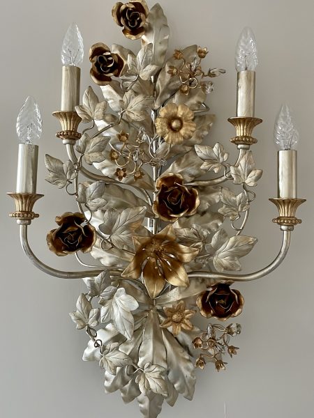 Luxury 24 kt gold and silver leaf 4 lights hand forged floral wrought iron sconce made in Italy